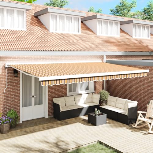 HOMEELIKE Automatische Markise 500x300 cm - Langlebig Komfortabel Gelb Grau Weiss Streifen Balkon Wintergarten von HOMEELIKE