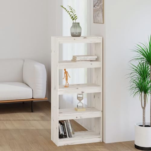 HOMEELIKE B¨¹cherregal in Massivholz Optik Wei? 60x30x135,5 cm Mit 4 F?Chern Als Raumteiler von HOMEELIKE