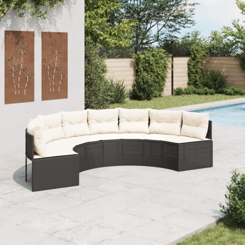 HOMEELIKE Halbrundes Gartensofa mit Kissen in Schwarz - PE - Rattan, UV - best?ndig, f¨¹r Garten, Terrasse oder Pool von HOMEELIKE