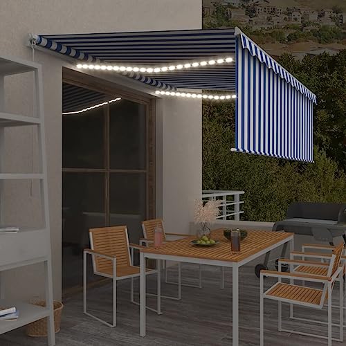 HOMEELIKE Markise Manuell Einziehbar mit Rollo & LED 4,5x3 m Blau & Wei? von HOMEELIKE