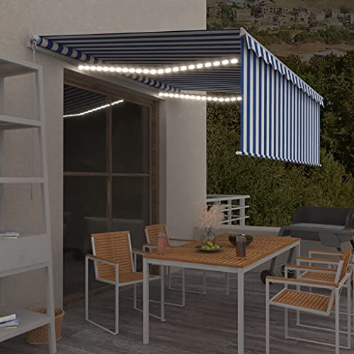HOMEELIKE Markise Manuell Einziehbar mit Rollo & LED 4x3 m Blau & Wei? von HOMEELIKE
