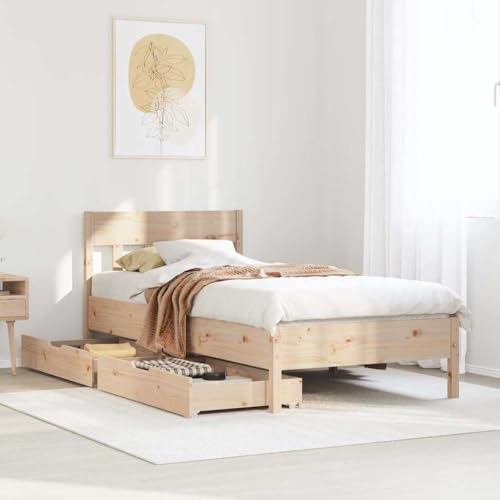HOMEELIKE Massivholzbett Kiefernholz 90x200 cm Ohne Matratze Stabiles Bettgestell Mit Lattenrost Und Schubladen Kopfteil F¨¹r Schlafzimmer von HOMEELIKE