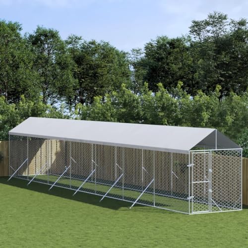HOMEELIKE Outdoor-Hundezwinger mit Dach Silbern 2x14x2,5 m Stahl Verzinkt von HOMEELIKE