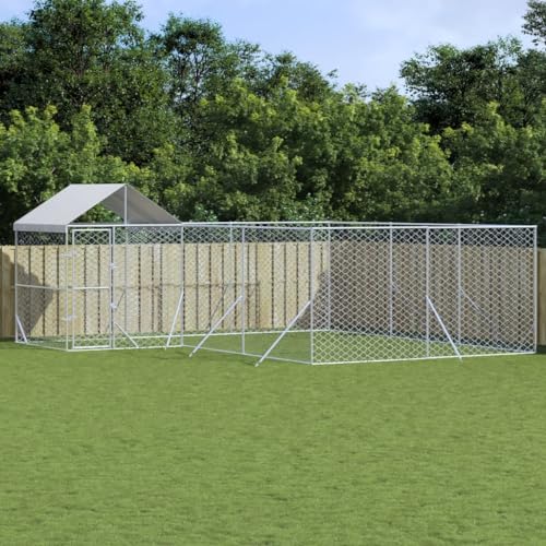 HOMEELIKE Outdoor-Hundezwinger mit Dach Silbern 6x6x2,5m Verzinkter Stahl von HOMEELIKE