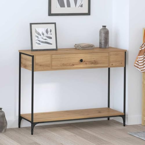 HOMEELIKE Robuster Konsolentisch in Eiche Optik 100 x 34,5 x 75 cm mit Ablagefach und Schublade von HOMEELIKE