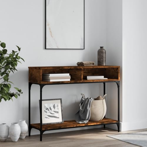 HOMEELIKE Robuster Konsolentisch in R?uchereiche Optik mit Ablagefach ideal f¨¹r Eingangsbereich oder Wohnraum von HOMEELIKE
