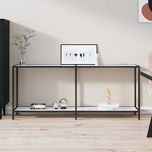 HOMEELIKE Robuster Konsolentisch in Weiss 180 cm lang mit Hartglasplatte und Stauraum von HOMEELIKE