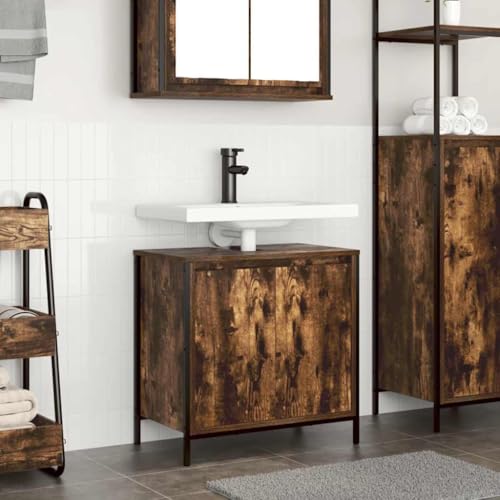 HOMEELIKE Robuster Waschbeckenunterschrank in R?uchereiche Optik, 60 cm, Mit Tischplatte und Verstellbaren F¨¹?en von HOMEELIKE