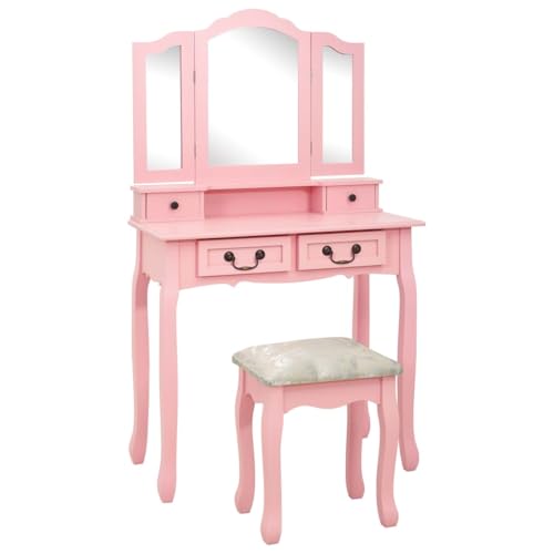 HOMEELIKE Schminktisch-Set mit Hocker Rosa 80¡Á69¡Á141 cm Paulowniaholz von HOMEELIKE
