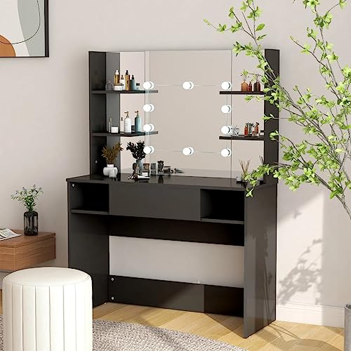 HOMEELIKE Schminktisch mit LED-Beleuchtung 100x40x135 cm MDF Schwarz von HOMEELIKE