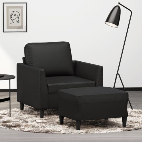 Sessel mit Hocker Schwarz 60 cm Kunstleder Bequemer Relaxsessel Langlebig Schmutzabweisend von HOMEELIKE