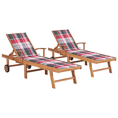 HOMEELIKE Sonnenliegen 2 STK. Auflagen Rotes Karomuster Massivholz Teak von HOMEELIKE