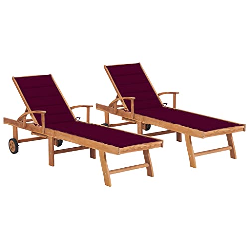 HOMEELIKE Sonnenliegen 2 STK. mit Auflagen Weinrot Massivholz Teak von HOMEELIKE