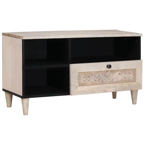 HOMEELIKE TV-Schraenk mit Regal Weiss 80 x 33 x 46 cm massives Mangoholz von HOMEELIKE
