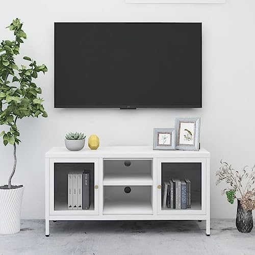 HOMEELIKE Modernes TV-Mobel Weiss 105 cm Stahlgestell Mit Glasabdeckung von HOMEELIKE