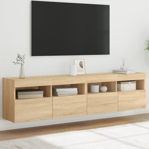Wandregal Set 2er f¨¹r TV Bereich mit RGB LED Leuchten Sonoma Eiche Optik 80x30x40 cm von HOMEELIKE