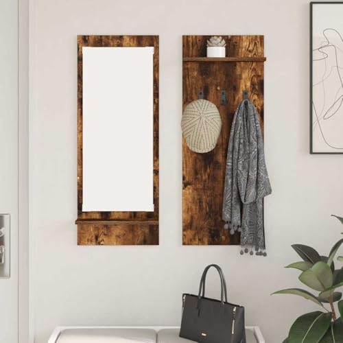 HOMEELIKE Wandmontierter Kleiderst?nder aus R?uchereiche mit Haken und Regalen 70 x 10 x 90 cm von HOMEELIKE