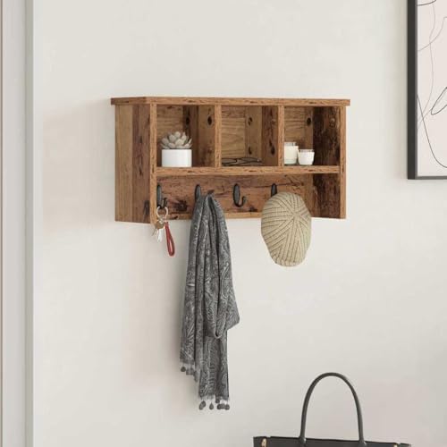 HOMEELIKE Wandmontierter Kleiderst?nder mit Regal Altholzoptik 50 x 16 x 26 cm Holz Garderobenst?nder Wandgarderobe Haken Regal Flur von HOMEELIKE