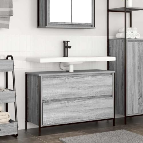HOMEELIKE Waschbeckenunterschrank Grau Sonoma 90x34,5x60cm ¨C Robuster Badunterschrank mit Schublade und Staufach von HOMEELIKE