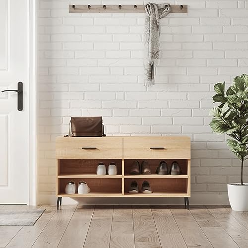 Schuhbank Sonoma Eiche 102x35x55 cm aus Holzwerkstoff mit Stauraum und Sitzflaeche von HOMEELIKE