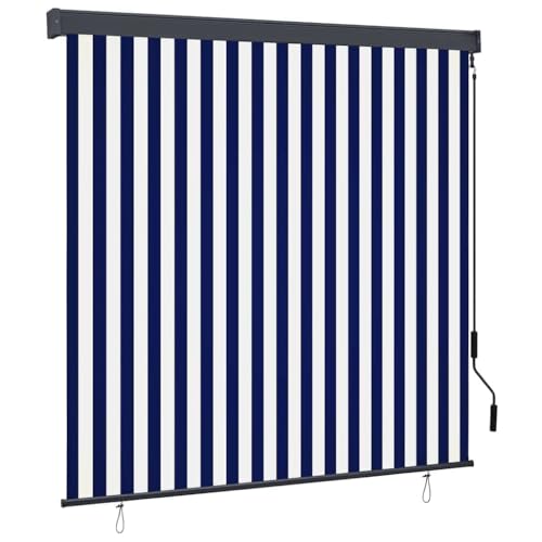Stoff Rollo Fuer Draussen gestreift Blau Weiss 180 x 250 cm Stahlgestell wetterfest UV-bestaendig leicht zu reinigen Fuer Terrasse und Balkon von HOMEELIKE