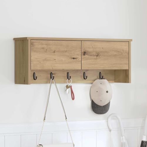 Wandmontierter Kleiderst?nder mit Regal Eiche Optik Stauraum Haken max. 60 kg Holzoptik Garderobenst?nder Wandgarderobe Flur von HOMEELIKE