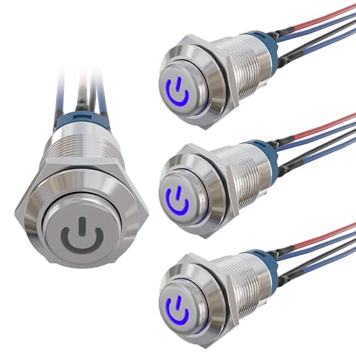 3 Stück Selbstverriegelung Druckknopfschalter 12mm Drucktaster IP65 Wasserdichte Drucktaster 12V/24V Runde Drücken Taster mit LED Licht mit Draht für Hupen Autoklingeln Autos Klingel von HOMEJOY