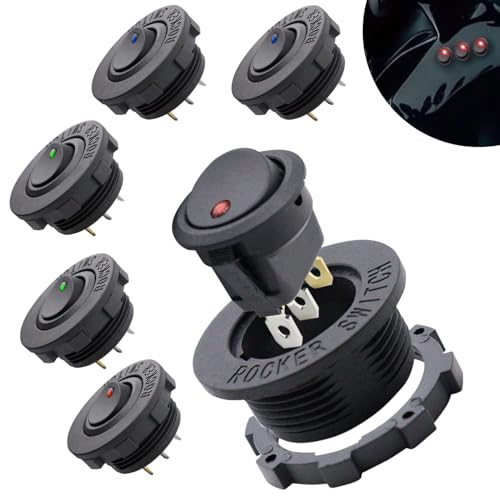 6 Stück Kippschalter 20 A/12V 3 Pin Rund EIN/AUS Schalter Wasserdicht Wippschalter mit LED Licht für Auto Marine Boot Beleuchtet KFZ Yacht, Rot Grün Blau von HOMEJOY