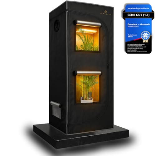 HOMEKING Growzelt 60x60x180 | Professionelle Zuchtzelte für Hydrokulturen | Wasserdicht, Lichtdicht 1680D & Hohe Erträge | Perfekt für Indoor Gewächshaus Hydroponic System | Farbe: Grau/Schwarz von HOMEKING