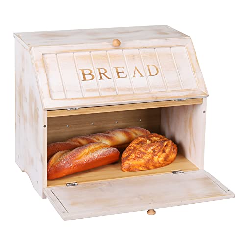 HOMEKOKO Vintage Doppellagige große Brotbox für Küchentheke, Retro-Design, Vintage-Holz, großes Fassungsvermögen, Brot-Aufbewahrungsbehälter (Vintage-Weiß) von HOMEKOKO