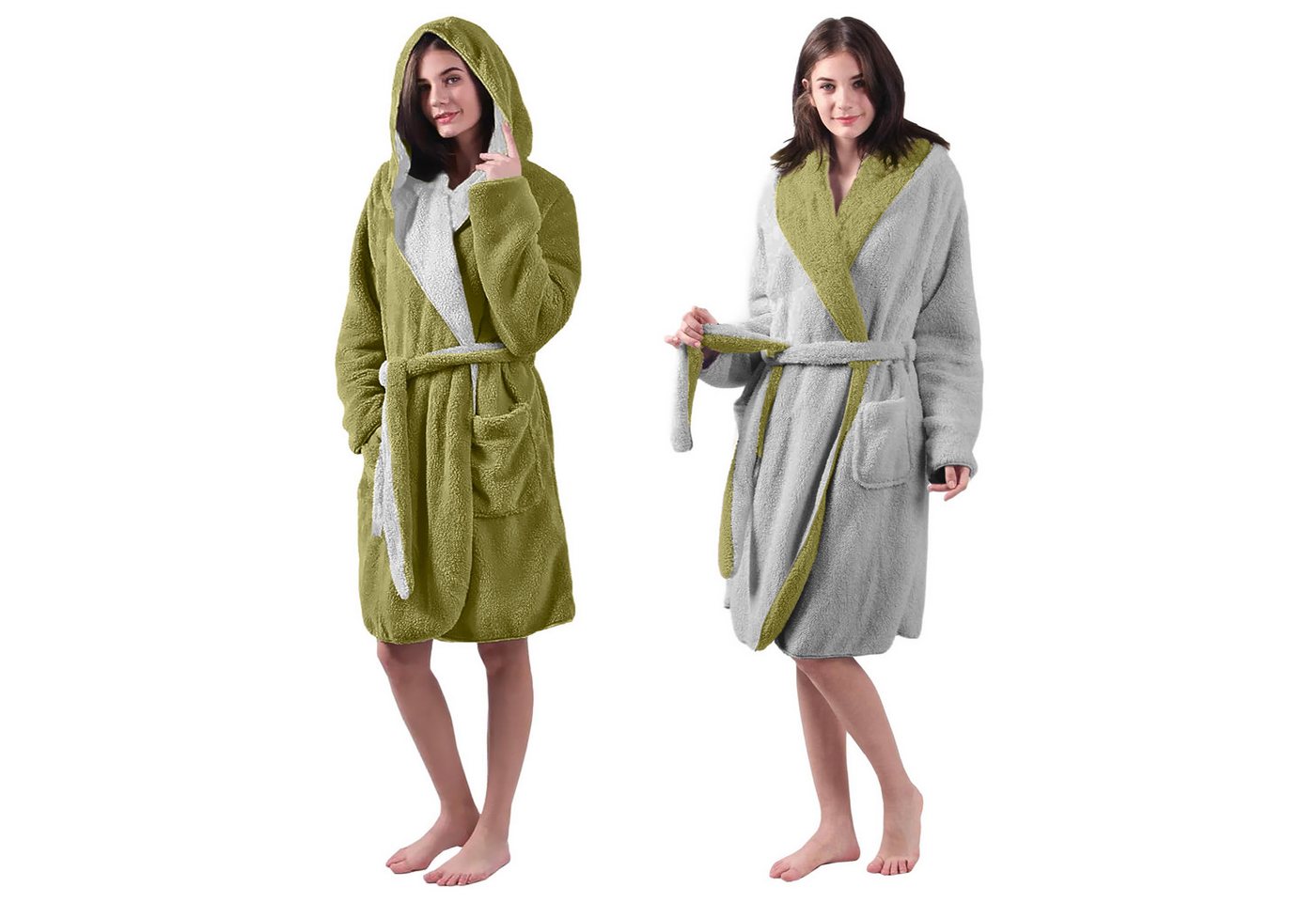 HOMELEVEL Badematte Wende Damen Bademantel Saunamantel Bademantel Größe M Hellgrau/Grün, Höhe 1200,00 mm, Polyester, Sherpa Fleece Kuschelbademantel mit Lammfell Optik reversible Bathrobe HOMELEVEL Badematte Wende Damen Bademantel Saunamantel Bademantel Größe M Hellgrau/Grün, Höhe 1200,00 mm, Polyester, Sherpa Fleece Kuschelbademantel mit Lammfell Optik reversible Bathrobe von HOMELEVEL