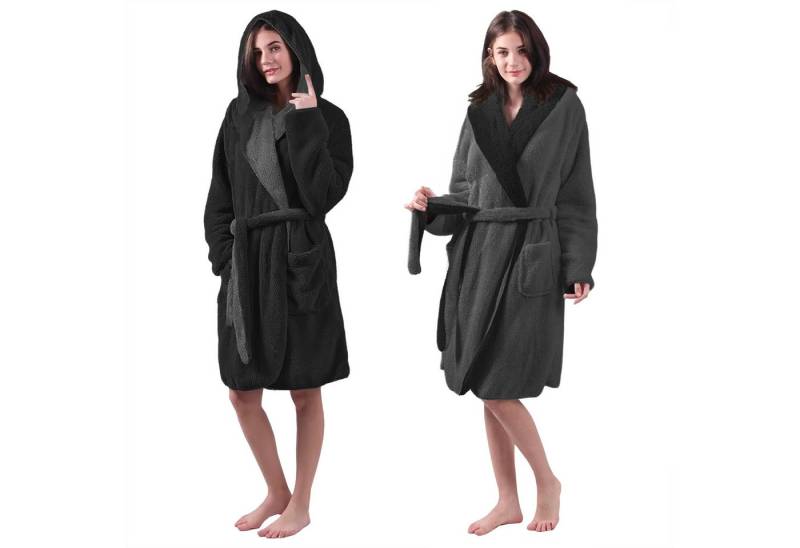 HOMELEVEL Badematte Wende Damen Bademantel Saunamantel Größe S Schwarz/Anthrazit, Höhe 50,00 mm, Polyester, Sherpa Fleece Kuschelbademantel mit Lammfell Optik reversible Bathrobe HOMELEVEL Badematte Wende Damen Bademantel Saunamantel Größe S Schwarz/Anthrazit, Höhe 50,00 mm, Polyester, Sherpa Fleece Kuschelbademantel mit Lammfell Optik reversible Bathrobe von HOMELEVEL