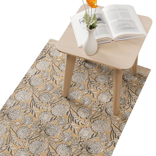 HOMELEVEL Teppich Läufer für Schlafzimmer - 80 x 150 cm - Teppich waschbar für Wohnzimmer - Blumenprint Beige von HOMELEVEL