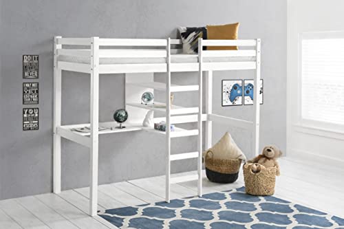 Kinder Hochbett mit Schreibtisch Etagenbett massiver Kiefer 90x200 cm (Weiss) von Homeline