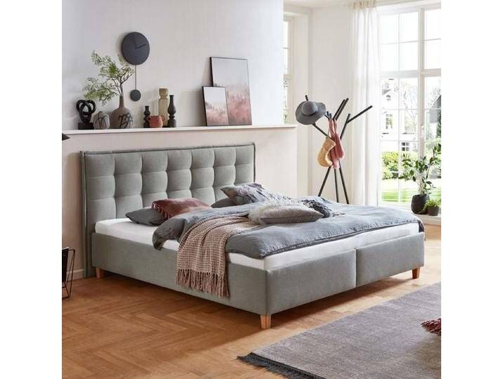 HOMELIV. Polsterbett Lusaka Webstoff mit Bettkasten 200x200cm Hellgrau skandinavisch, von HOMELIV