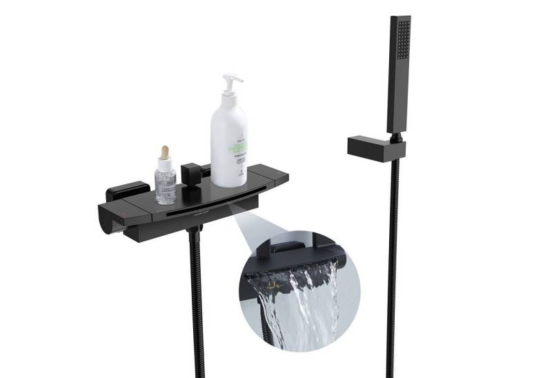 HOMELIVE Duscharmatur Wasserfall Wasserhahn Bad Duscharmatur (Badewannenarmatur mit Regal Wannenarmatur) Armatur Duscharmatur für Bad, Schwarz matt,Messing von HOMELIVE