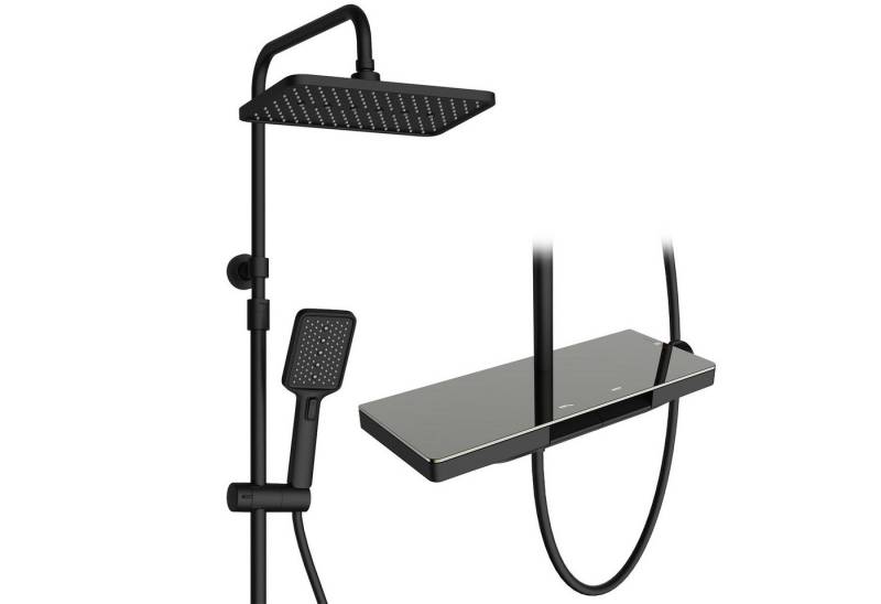 HOMELIVE Duschsystem mit thermostat und Glasablage Ohne erneutes Bohren erforderlich, 2 Strahlart(en), Wasserauslass Verbrühungsschutz,28x18 CM Kopfbrause,Schwarz von HOMELIVE