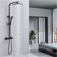 Duschsystem mit Thermostat 38℃ Duscharmatur Schwarz Regendusche Duschset Dusche inkl. Regal verstellbarer Edelstahl Duschstange Duschset von HOMELODY