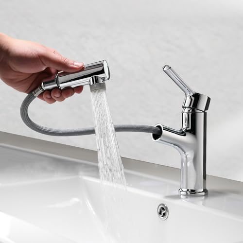 HOMELODY Wasserhahn Bad mit Herausziehbarer Brause 2 Wasserstrahlarten Ausziehbar Waschtischarmatur aus Messing, Armatur Einhebelmischer Badarmatur mit Drehbarem Auslauf, Chrom von HOMELODY