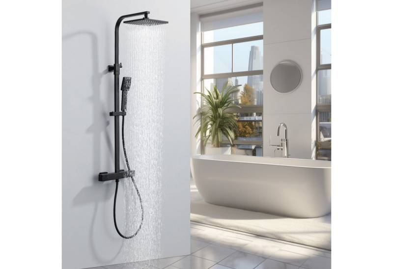 HOMELODY Duschsystem Duschset mit Thermostat 38℃ verstellbare Duschstange aus Edelstahl, 2 Strahlart(en), Set, Funktional und hochwertig – für ein rundum perfektes Duscherlebnis., Duschset mit Handbrause,9-Zoll Überkopfbrause,Schwarz von HOMELODY