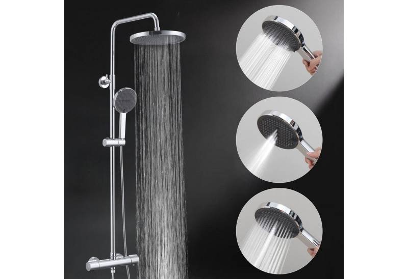 HOMELODY Duschsystem Thermostat-Duschset mit verchromtem Rundrohr & 3-Funktions-Handbrause, 2 Strahlart(en), Set, Leicht zu reinigende Silikondüse, Höhenverstellbare 3-Funktions-Handbrause, PVC-Schlauch, verchromt von HOMELODY