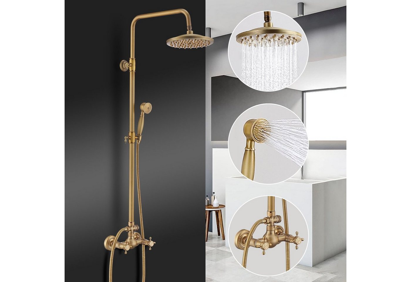 HOMELODY Duschsystem gold Retro Messing Duscharmatur Set Antik Gold Dusche mit Regendusche, 2 Strahlart(en), Thermostatische Dusche, Duschset mit 8" Regendusche Handbrause Kopf - Höhenverstellbar von HOMELODY