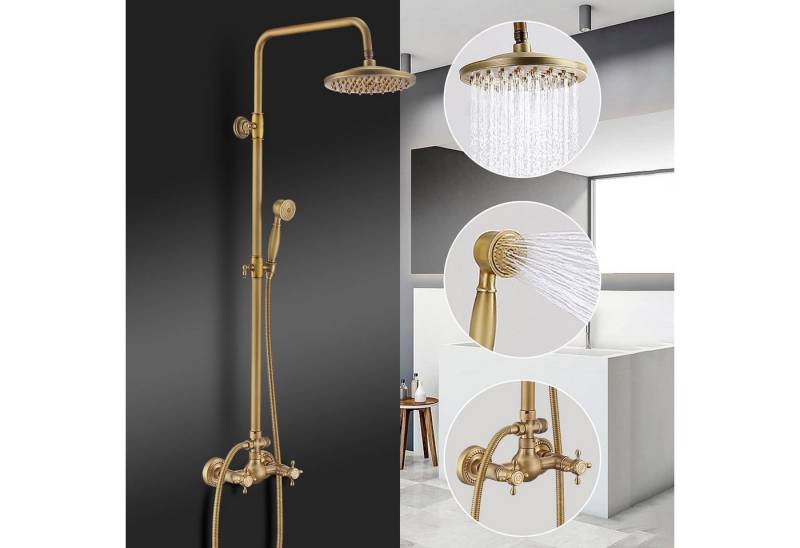 HOMELODY Duschsystem gold Retro Messing Duscharmatur Set Antik Gold Dusche mit Regendusche, 2 Strahlart(en), Thermostatische Dusche, Duschset mit 8" Regendusche Handbrause Kopf - Höhenverstellbar von HOMELODY