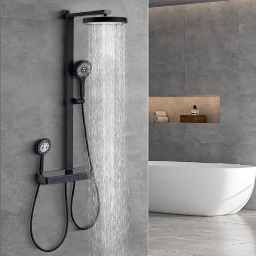 HOMELODY Duscharmatur Komplettset mit 400 mm Glasablage, Duschsystem mit Thermostat Schwarz, 4-in-1 Regendusche Set mit multifunktionalem Wasserfall-Auslauf HOMELODY Duscharmatur Komplettset mit 400 mm Glasablage, Duschsystem mit Thermostat Schwarz, 4-in-1 Regendusche Set mit multifunktionalem Wasserfall-Auslauf von HOMELODY