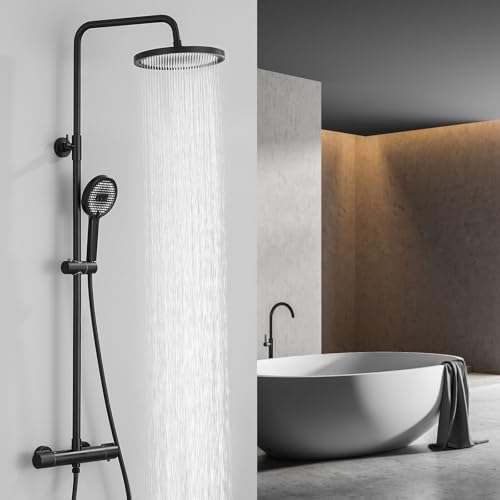 HOMELODY Duschsystem mit Thermostat Schwarz - Duscharmatur Komplettset mit 3 Strahlarten Handbrause und 25 cm Rund Kopfbrause - Regendusche mit Armatur Duschset für Badzimmer HOMELODY Duschsystem mit Thermostat Schwarz - Duscharmatur Komplettset mit 3 Strahlarten Handbrause und 25 cm Rund Kopfbrause - Regendusche mit Armatur Duschset für Badzimmer von HOMELODY