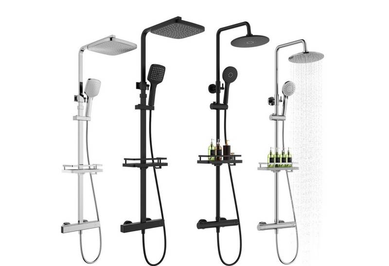 HOMELODY Duschsystem mit Thermostat & Duschablage - Duscharmatur Komplettset, Höhe 1260 cm, 2 Strahlart(en), 3-Strahl-Handbrause,38 °C Sicherheitssperre,Chrom von HOMELODY
