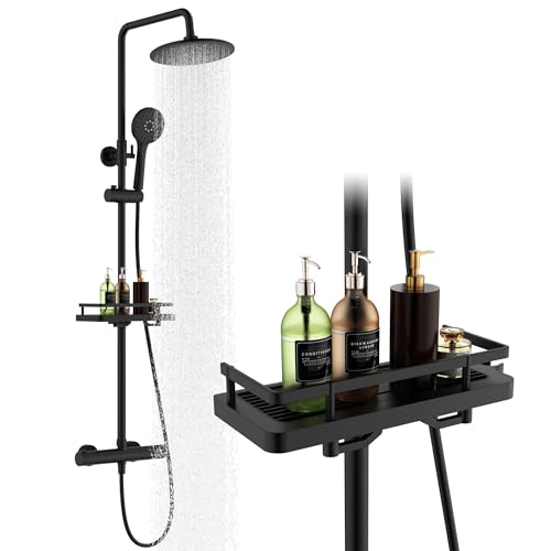 HOMELODY Duschsystem mit Thermostat und Duschablage - Duscharmatur Komplettset schwarz mit Rund Regendusche Duschkopf, 3 Strahlarten ABS Handbrause, Sicherheitssperre bei 38°C - Duscharmatur Schwarz HOMELODY Duschsystem mit Thermostat und Duschablage - Duscharmatur Komplettset schwarz mit Rund Regendusche Duschkopf, 3 Strahlarten ABS Handbrause, Sicherheitssperre bei 38°C - Duscharmatur Schwarz von HOMELODY