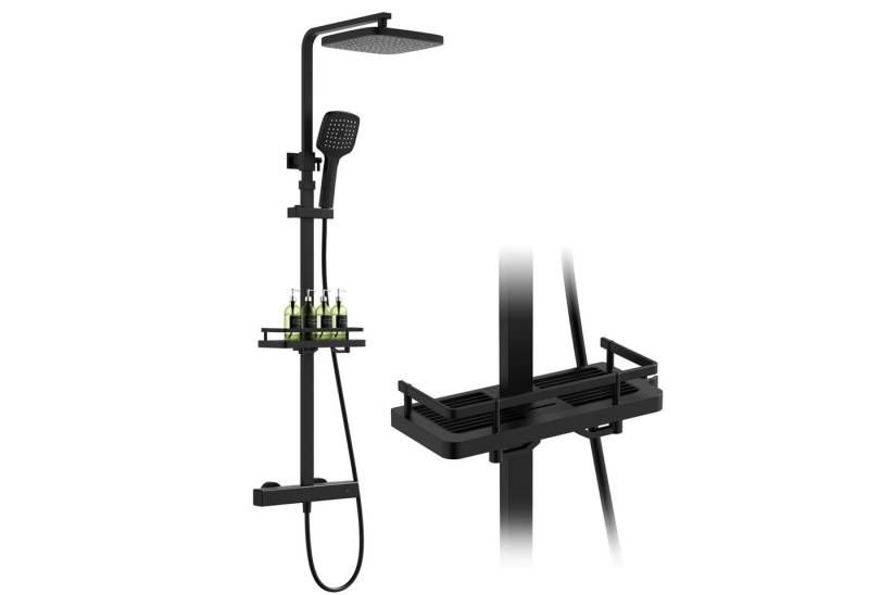 HOMELODY Duschsystem mit Thermostat & Duschablage Schwarz - Duscharmatur Komplettset, 2 Strahlart(en), Hand- & Kopfbrause, höhenverstellbar, 38 °C Sicherheitssperre von HOMELODY