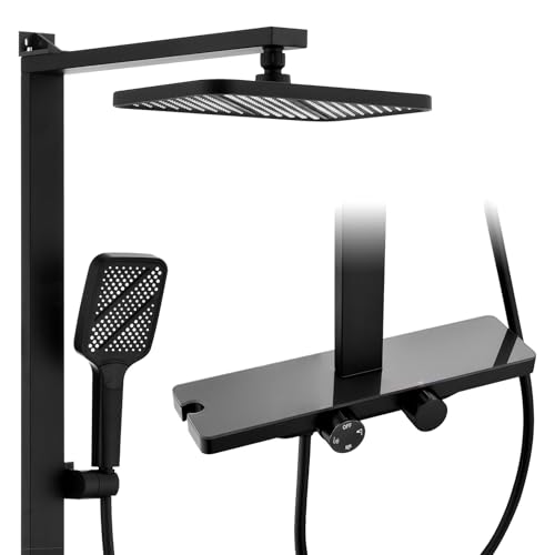 HOMELODY Duschsystem mit Thermostat und Glasablage Schwarz - Duscharmatur Komplettset mit 30x20 cm Regendusche Duschkopf und 3 Strahlarten Handbrause - Duschset mit Unterer Auslauf HOMELODY Duschsystem mit Thermostat und Glasablage Schwarz - Duscharmatur Komplettset mit 30x20 cm Regendusche Duschkopf und 3 Strahlarten Handbrause - Duschset mit Unterer Auslauf von HOMELODY