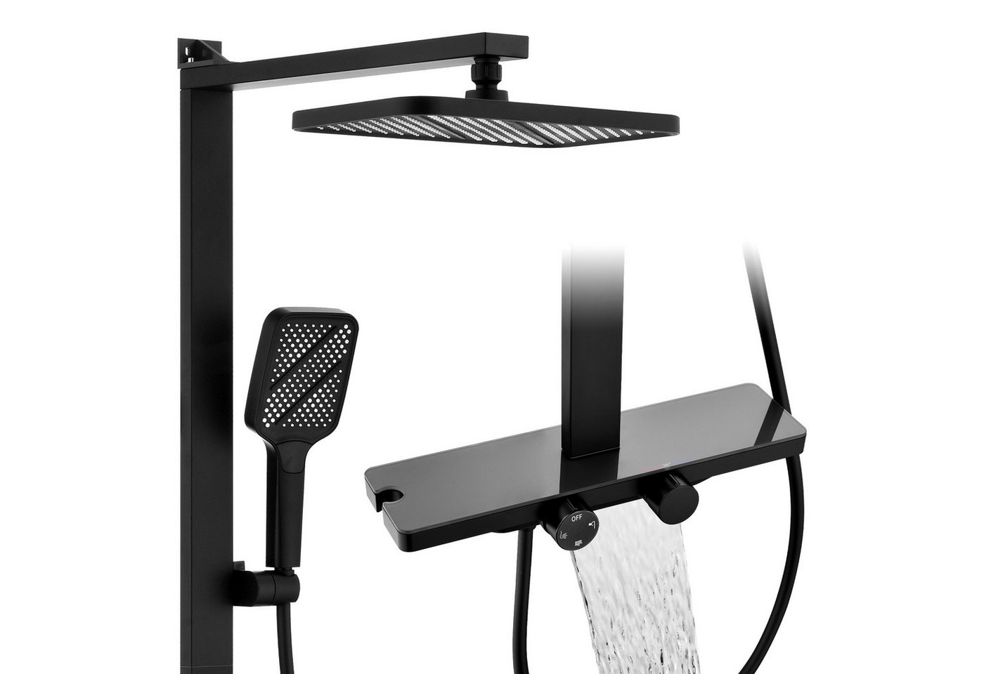 HOMELODY Duschsystem mit Thermostat und Glasablage in Schwarz Matt,Brausegarnitur, 3 Strahlart(en), 12 Zoll Regendusche, 3-Funktions-Handbrause, PPA-Kupfer, Aluprofil von HOMELODY